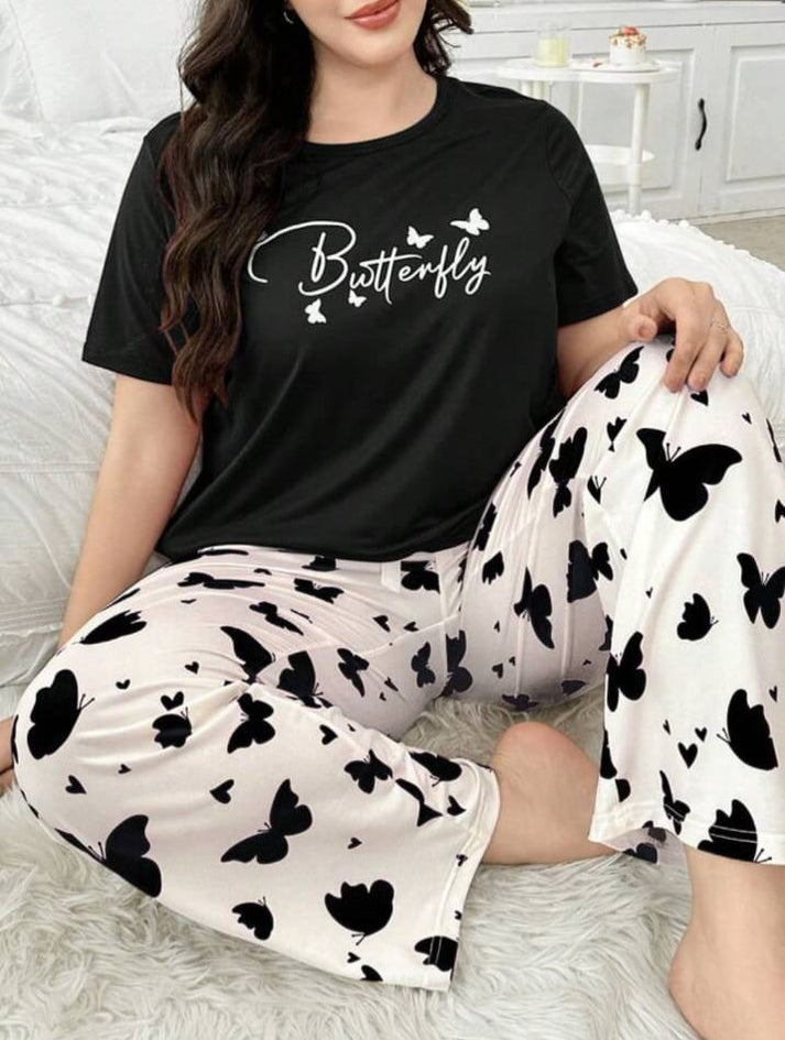 Black Butterfly Printed T-Shirt with Butterfly printed trouser Night wear