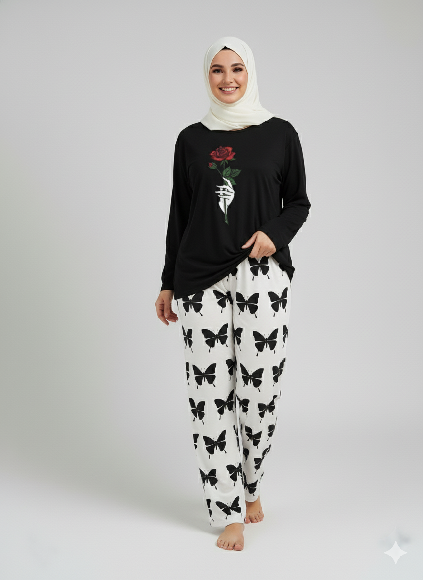 Rose Flower Printed Yellow Shirt With butterfly Printed Trouser