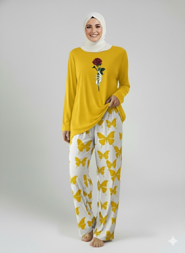 Rose Flower Printed Black Shirt With butterfly Printed Trouser