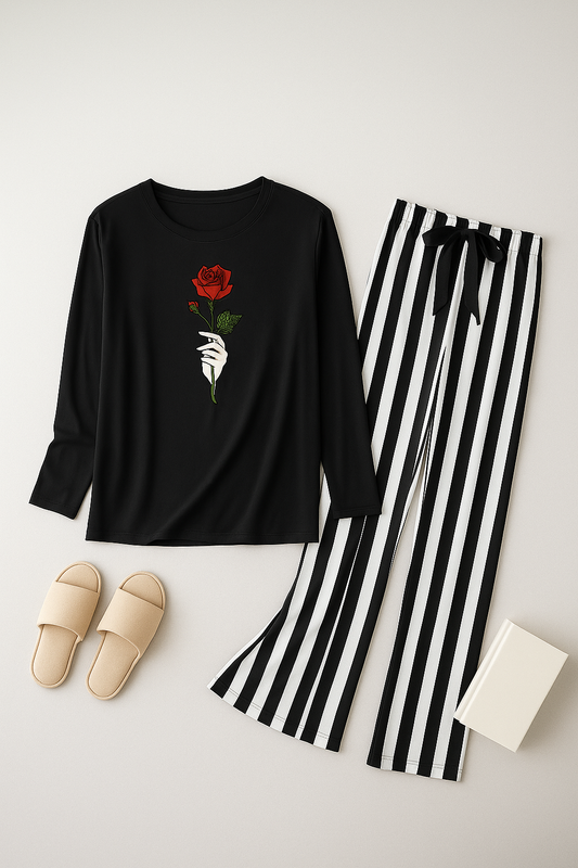 Black Rose Flower Printed Shirt With Black Lining Trouser ( Full Sleeves )