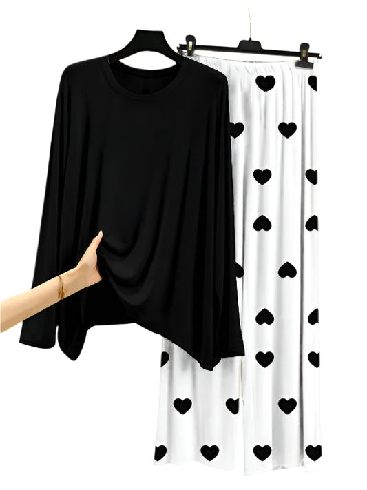 Plain Black Shirt With Heart Printed Trouser