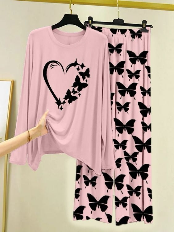 Fluttering Heart Printed Pink Shirt with Butterfly Printed Trouser