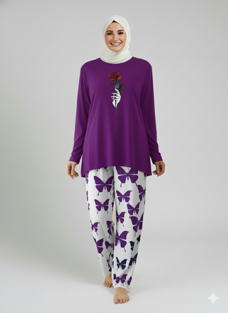 Rose Flower Printed Red Shirt With butterfly Printed Trouser