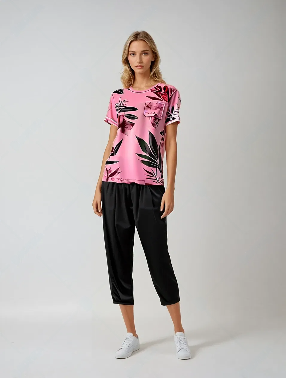 BLUSH LEAF PRINTED SHIRT AND BLACK TROUSER